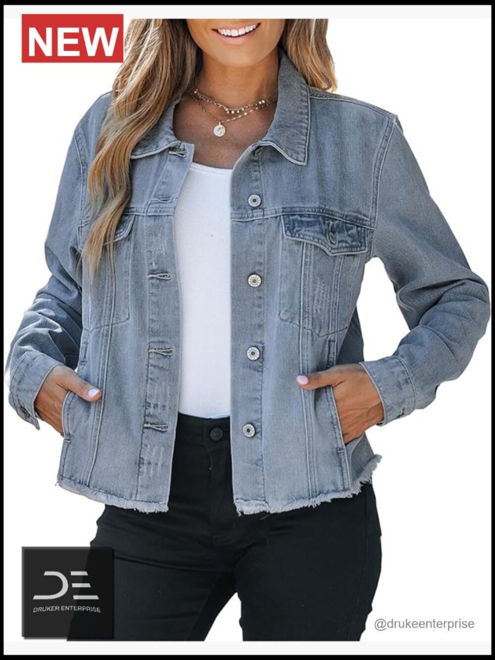 Women's Button Down Long Sleeve Distressed Frayed Hem Trucker Denim Jacket